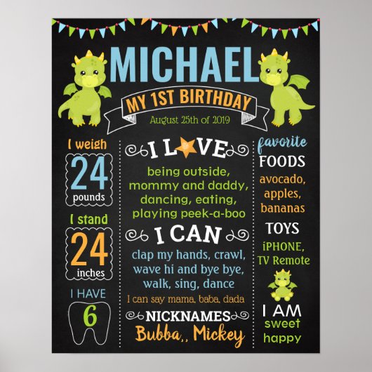 Dinosaur Dino Dragon Birthday-bord Poster (Voorkant)