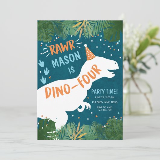 Dinosaur Dino-Four RAWR vierde verjaardag Kaart (Staand voorkant)