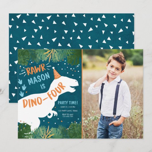 Dinosaur Dino-Four RAWR vierde verjaardag Kaart (Voorkant / Achterkant)