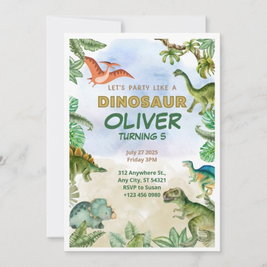 Dinosaur Dino T-rex 5th Birthday Invitations Kaart (Voorkant)