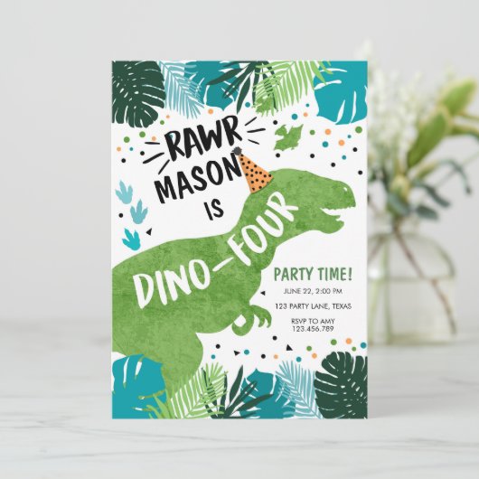 Dinosaur Dino-Vier RAWR 4e verjaardag Invita Kaart (Staand voorkant)