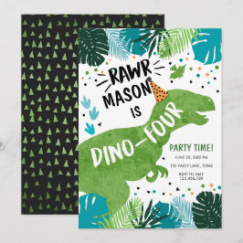 Dinosaur Dino-Vier RAWR 4e verjaardag Invita Kaart