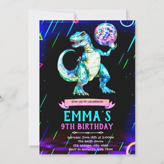 Dinosaur disco dance party invitation kaart (Voorkant)