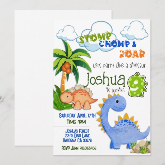 Dinosaur draaien 9 verjaardag uitnodiging (Voorkant / Achterkant)
