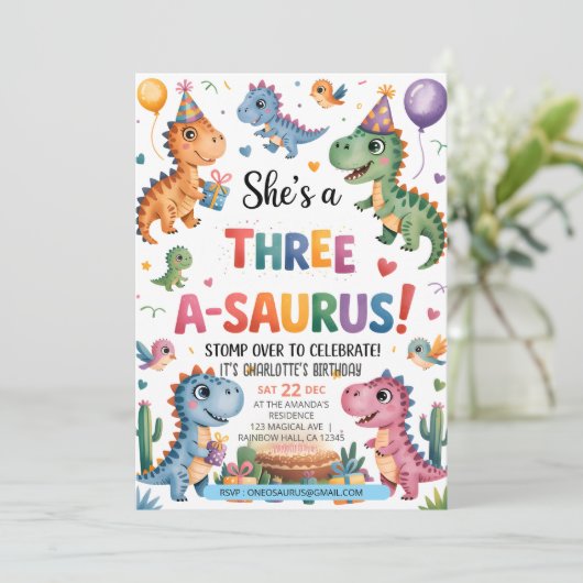 Dinosaur Drie A-Saurus 3e Verjaardagsfeest T-Rex Kaart (Staand voorkant)