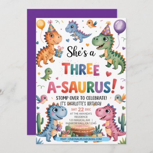 Dinosaur Drie A-Saurus 3e Verjaardagsfeest T-Rex Kaart (Voorkant / Achterkant)