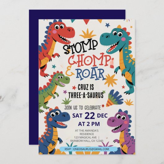Dinosaur Drie A-Saurus 3e Verjaardagsfeest T-Rex Kaart (Voorkant / Achterkant)