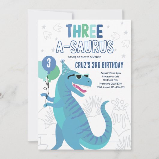 Dinosaur Drie A-Saurus 3e Verjaardagsfeest T-Rex Kaart (Voorkant)