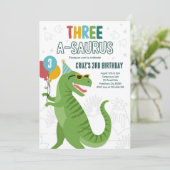 Dinosaur Drie A-Saurus 3e Verjaardagsfeest T-Rex Kaart (Staand voorkant)