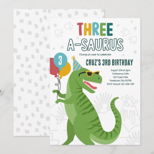 Dinosaur Drie A-Saurus 3e Verjaardagsfeest T-Rex Kaart (Voorkant / Achterkant)
