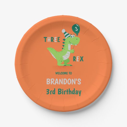 Dinosaur Drie Rex 3de Verjaardag Papieren Bordje (Voorkant)