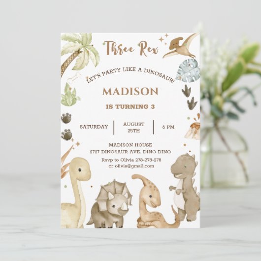 Dinosaur Drie Rex 3de Verjaardagsfeestje Kaart (Staand voorkant)