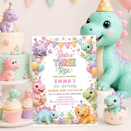 Dinosaur Drie Rex 3de Verjaardagsfeestje Kaart