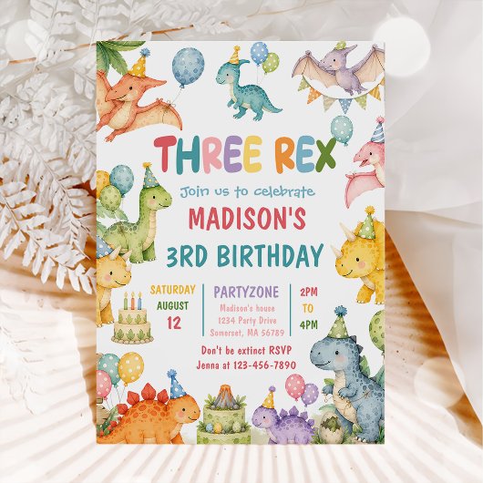 Dinosaur Drie Rex 3de Verjaardagsfeestje Kaart