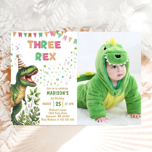 Dinosaur Drie Rex 3de Verjaardagsfeestje Kaart