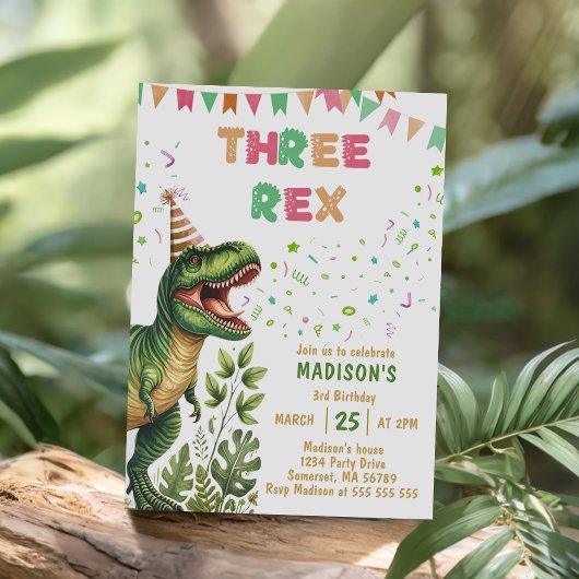 Dinosaur Drie Rex 3de Verjaardagsfeestje Kaart