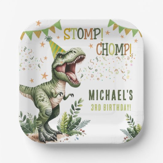 Dinosaur Drie Rex 3de Verjaardagsfeestje Papieren Bordje (Voorkant)