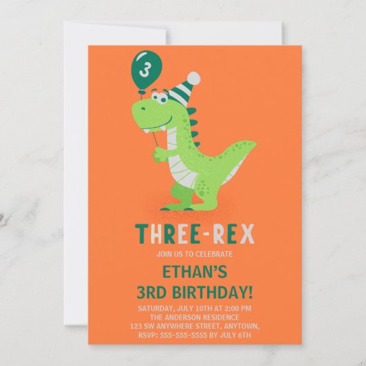 Dinosaur Drie Rex 3e Verjaardagsuitnodiging Kaart (Voorkant)