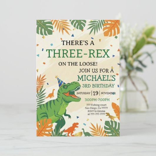 Dinosaur Drie-Rex Jongen 3e Verjaardagsfeestje Kaart (Staand voorkant)