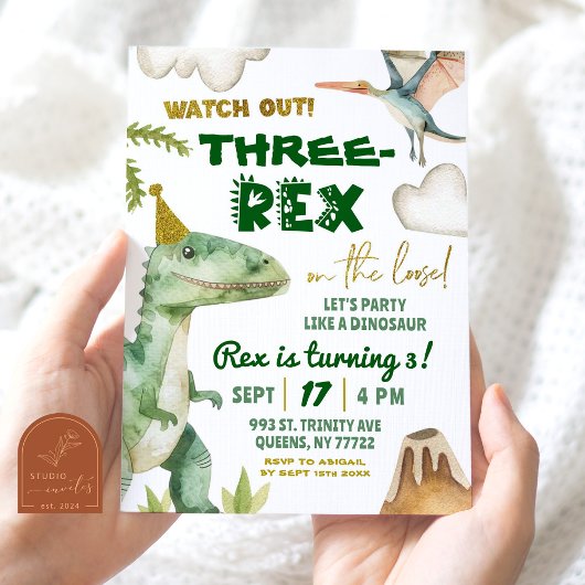 Dinosaur Drie-Rex Jongens 3e Verjaardagsfeestje Kaart