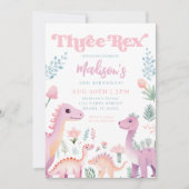 Dinosaur Drie Rex Meisje Roze 3e Verjaardagsfeestj Kaart (Voorkant)