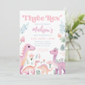 Dinosaur Drie Rex Meisje Roze 3e Verjaardagsfeestj Kaart (Staand voorkant)