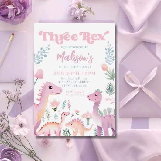 Dinosaur Drie Rex Meisje Roze 3e Verjaardagsfeestj Kaart