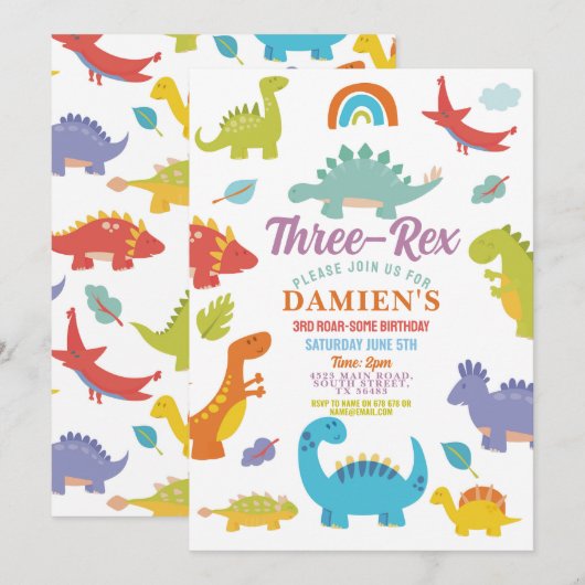 Dinosaur Drie Rex Schattige Jongens Feestje Kaart (Voorkant / Achterkant)