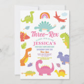 Dinosaur Drie Rex Schattige Meisjes Roze Feestje Kaart (Voorkant)