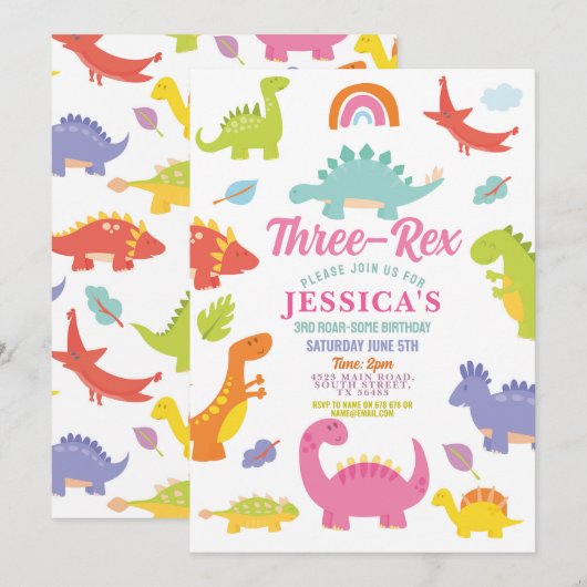 Dinosaur Drie Rex Schattige Meisjes Roze Feestje Kaart (Voorkant / Achterkant)