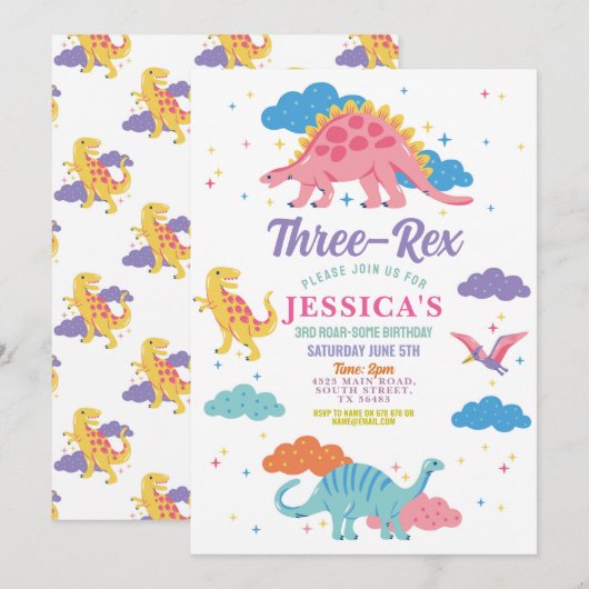 Dinosaur Drie Rex Schattige Meisjes Roze Feestje Kaart (Voorkant / Achterkant)