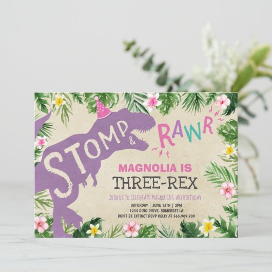Dinosaur Drie-Rex Verjaardag Uitnodiging Meisje Di (Staand voorkant)