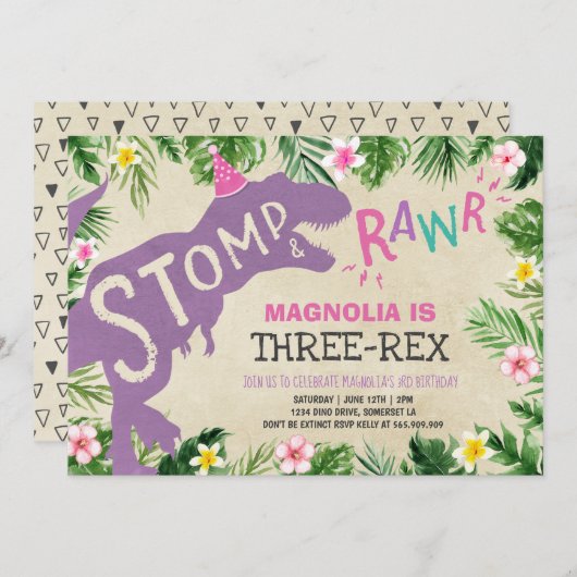 Dinosaur Drie-Rex Verjaardag Uitnodiging Meisje Di (Voorkant / Achterkant)