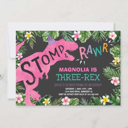 Dinosaur Drie-Rex Verjaardag Uitnodiging Meisje Di (Voorkant)