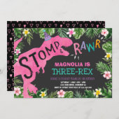 Dinosaur Drie-Rex Verjaardag Uitnodiging Meisje Di (Voorkant / Achterkant)