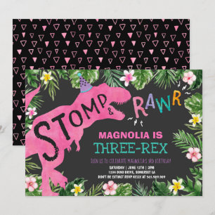 Dinosaur Drie-Rex Verjaardag Uitnodiging Meisje Di