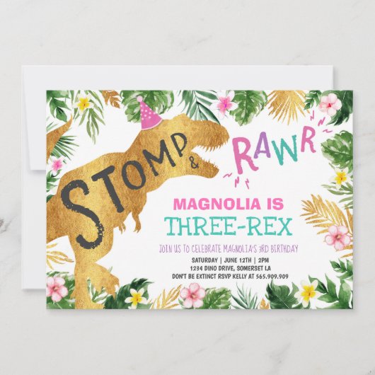 Dinosaur Drie-Rex Verjaardag Uitnodiging Meisje Di (Voorkant)