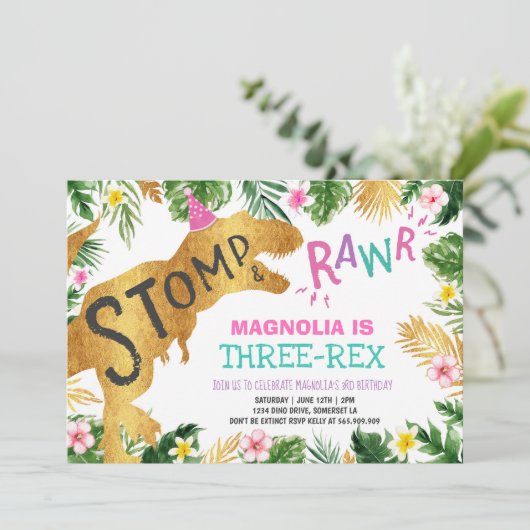 Dinosaur Drie-Rex Verjaardag Uitnodiging Meisje Di (Staand voorkant)