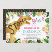 Dinosaur Drie-Rex Verjaardag Uitnodiging Meisje Di (Voorkant / Achterkant)
