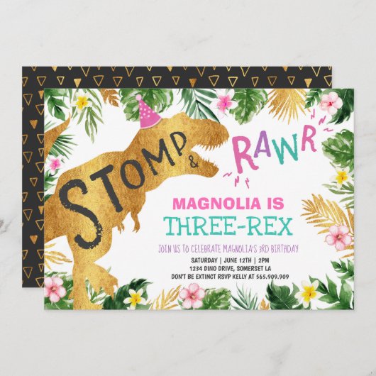 Dinosaur Drie-Rex Verjaardag Uitnodiging Meisje Di (Voorkant / Achterkant)