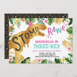 Dinosaur Drie-Rex Verjaardag Uitnodiging Meisje Di