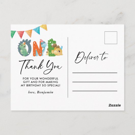Dinosaur Eerste verjaardag Dank u Briefkaart (Achterkant)