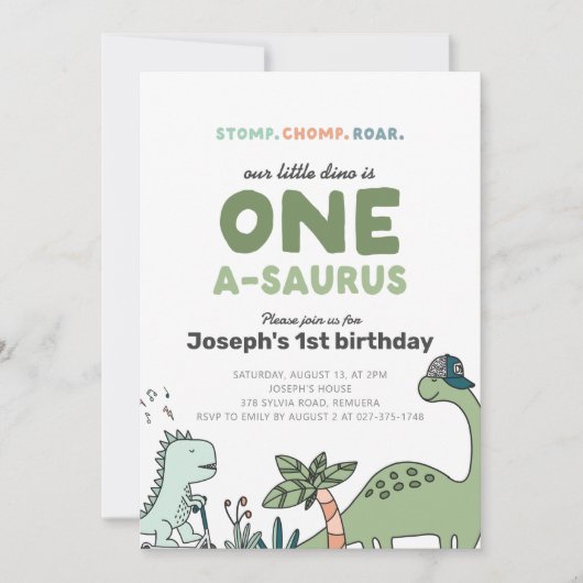 Dinosaur Eerste Verjaardag Uitnodiging (Voorkant)