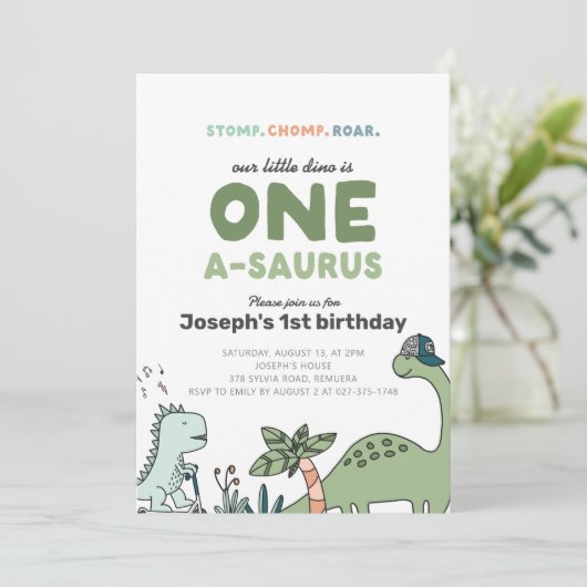 Dinosaur Eerste Verjaardag Uitnodiging (Staand voorkant)