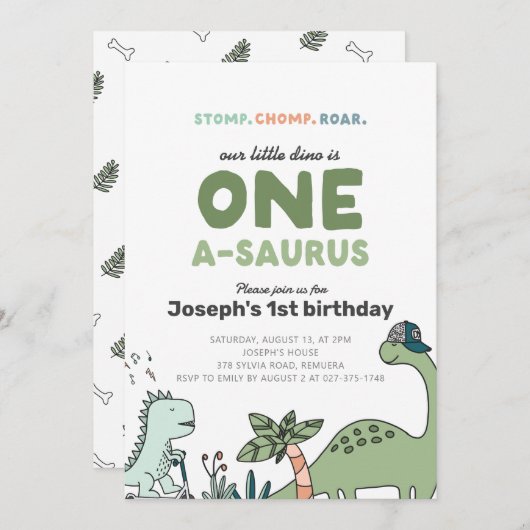 Dinosaur Eerste Verjaardag Uitnodiging (Voorkant / Achterkant)