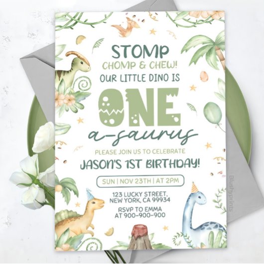 Dinosaur Eerste Verjaardag Uitnodiging EDITABLE On