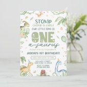 Dinosaur Eerste Verjaardag Uitnodiging EDITABLE On (Staand voorkant)