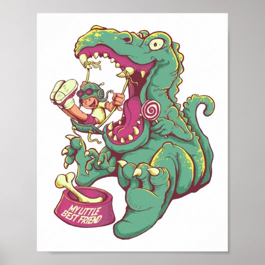 Dinosaur en Kind Cartoon Tekening Poster (Voorkant)