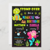 Dinosaur en Mermaid verjaardagsuitnodiging Twee th Kaart (Voorkant)