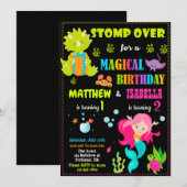 Dinosaur en Mermaid verjaardagsuitnodiging Twee th Kaart (Voorkant / Achterkant)